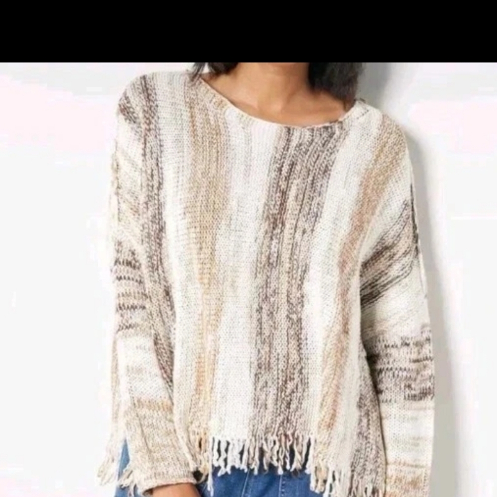 Laurie Felt Baja Sweater with Fringe Hem Detail Neutral Combo M/L A399746